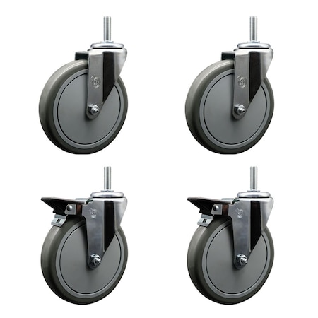 Service Caster 6 Inch Gray Polyurethane Wheel Swivel 34 Inch Threaded Stem Caster Set 2 Brakes SCC SCC-TS20S614-PPUB-34212-2-PLB-2